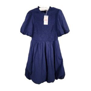 NWT Blue Square Neck Smocked Womens Dress M Short Puff Sleeve Mini Off Shoulder